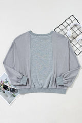 Light Grey Waffle Patchwork Long Sleeve Raw Hem Pullover Top Long Sleeve Tops JT's Designer Fashion