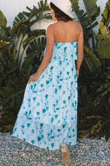 Green Floral Print Ruffled Side Slit Tube Top Maxi Dress Floral Dresses JT's Designer Fashion