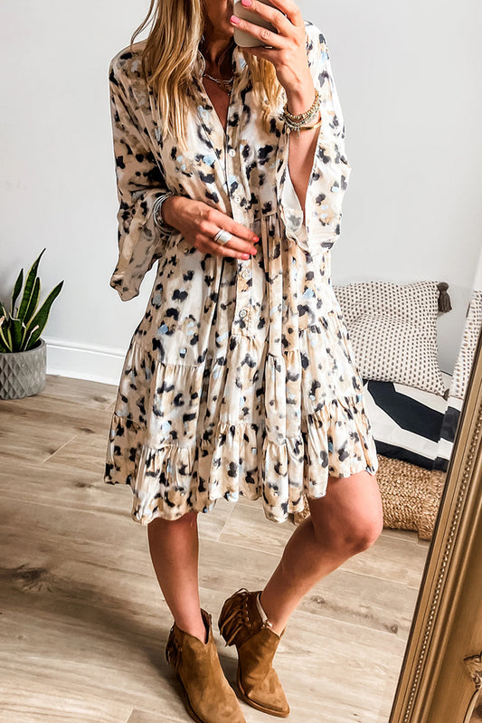 Khaki Leopard Print Buttoned Front 3/4 Sleeve Tiered Ruffled Hem Dress Mini Dresses JT's Designer Fashion