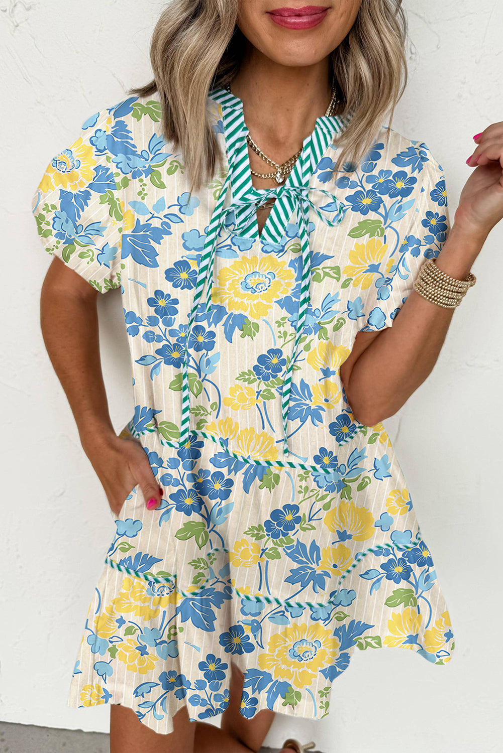Blue Floral Striped Trim Puff Short Sleeve Dress Floral Dresses JT's Designer Fashion