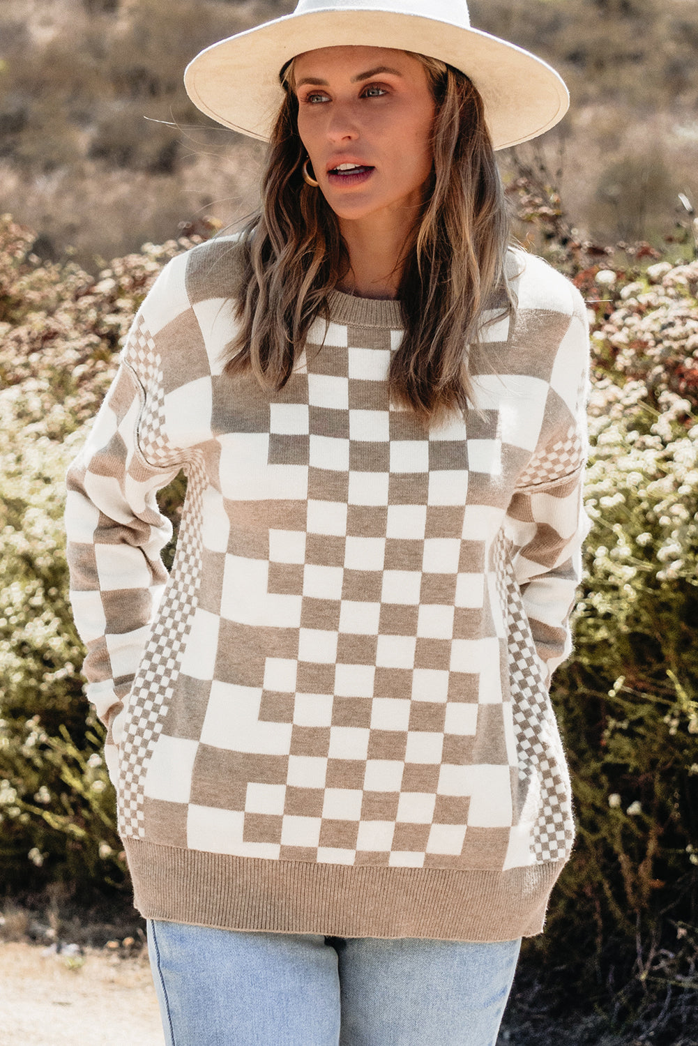 Khaki Checkered Print Drop Shoulder Round Neck Sweater Sweaters JT's Designer Fashion