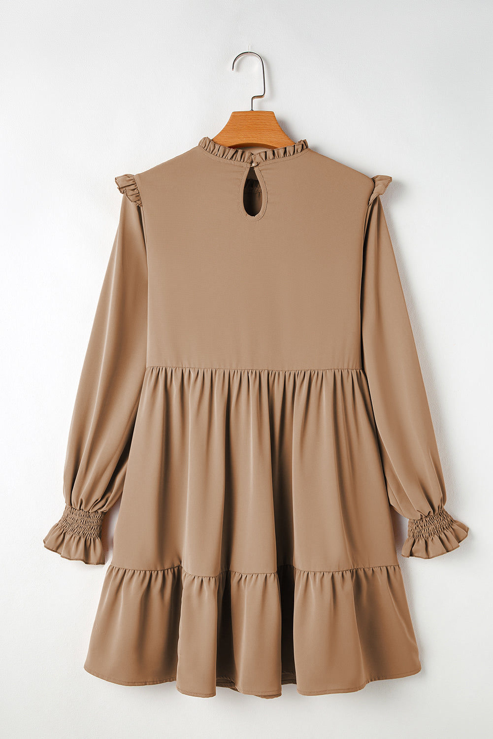 Light French Beige Frilled Collar Ruffled Shoulder Tiered Dress Mini Dresses JT's Designer Fashion