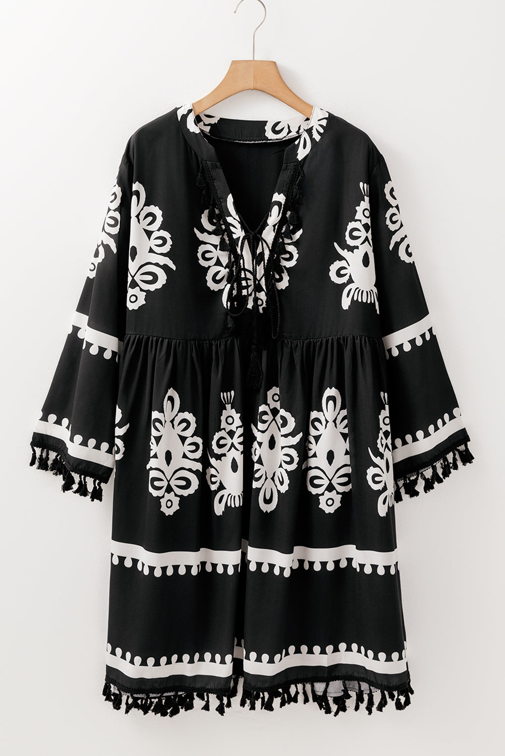 Black Plus Size Western Floral Print Fringed V Neck Dress Plus Size Mini Dresses JT's Designer Fashion