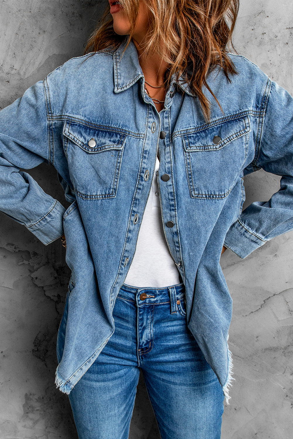 Sky Blue Pocket Raw Hem Buttoned Denim Jacket Denim Jackets JT's Designer Fashion