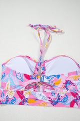 Pink Floral Printed Halter Neck High Waist Bikini High Waisted Swimsuit JT's Designer Fashion