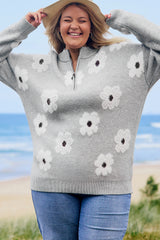 Gray Plus Size Embroidered Floral Pattern Half Zip Sweater Plus Size Sweaters & Cardigans JT's Designer Fashion
