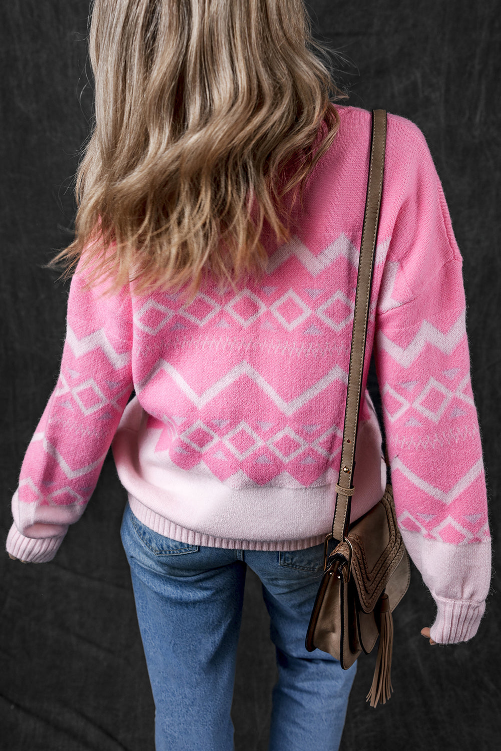 Pink Western Aztec Geometric Drop Shoulder Sweater Sweaters JT's Designer Fashion