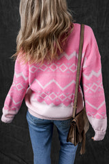 Pink Western Aztec Geometric Drop Shoulder Sweater Sweaters JT's Designer Fashion