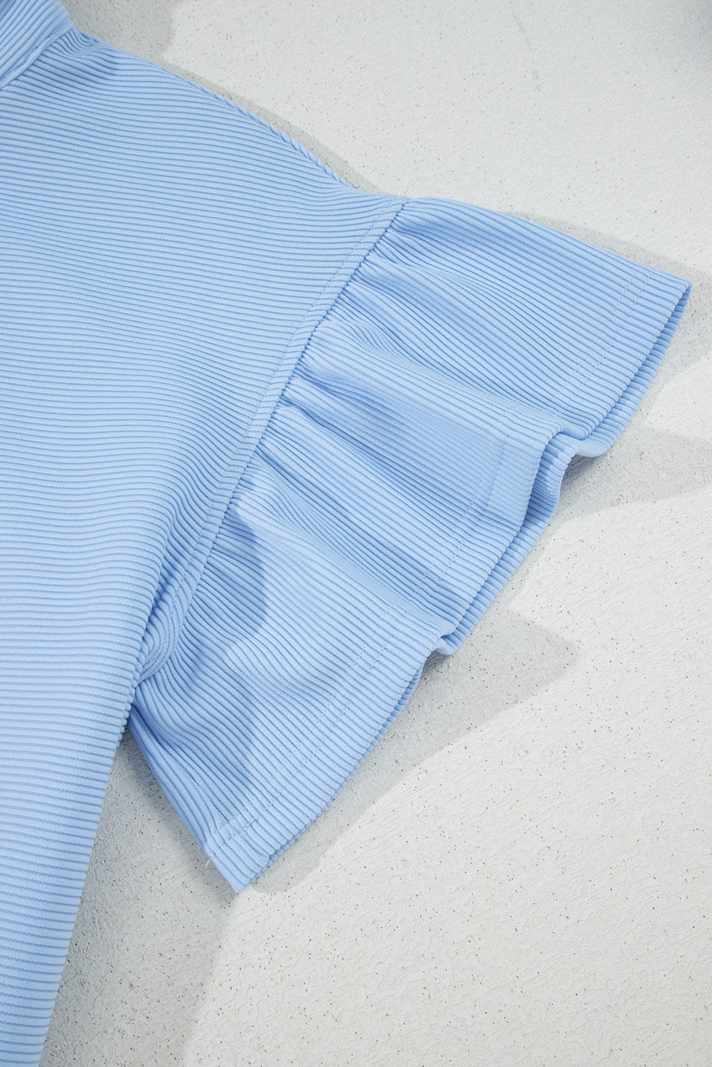 Beau Blue Ribbed Texture Half Zip Ruffled Short Sleeve Top and Shorts Set Short Sets JT's Designer Fashion