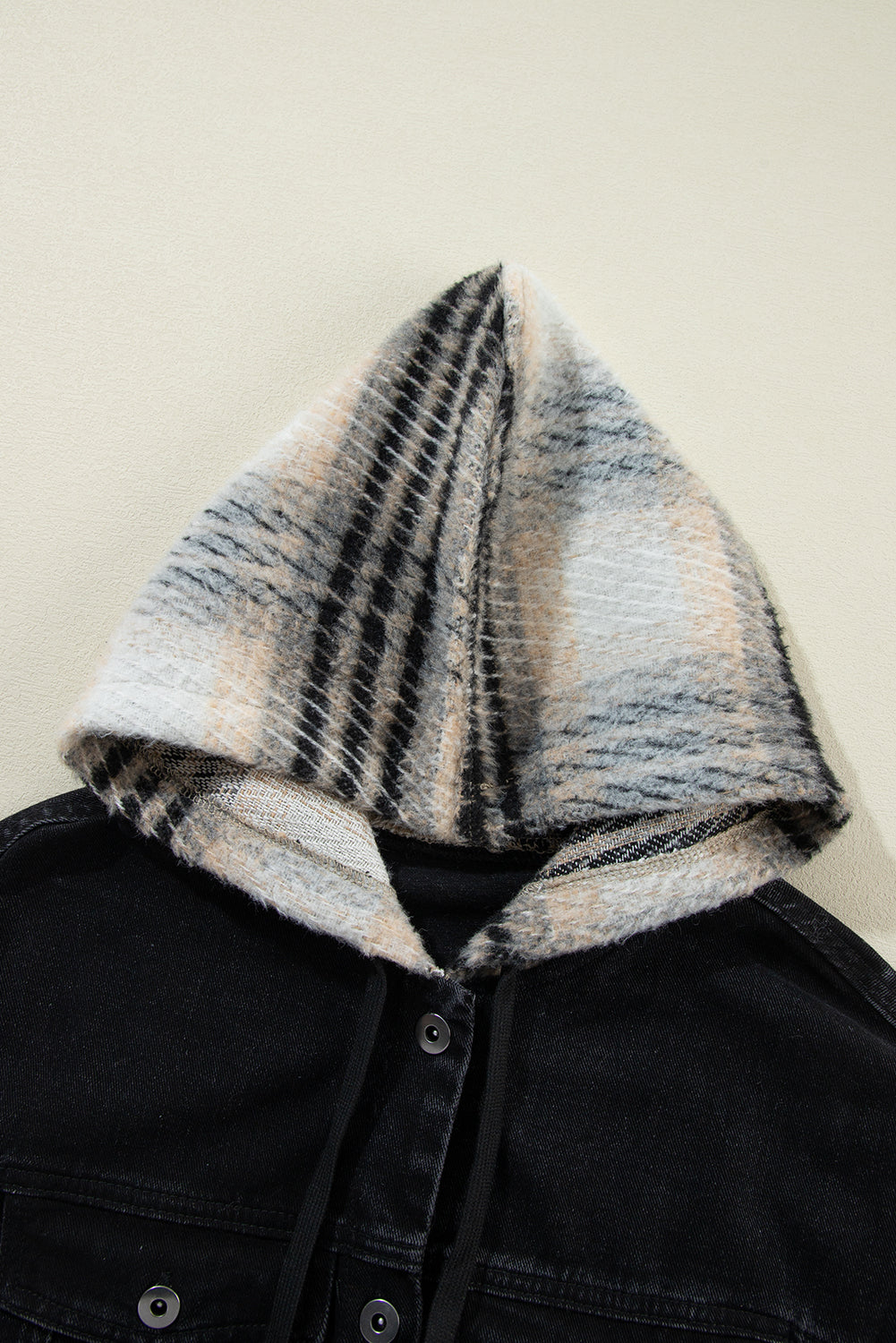 Black Plaid Sleeve Frayed Hem Hooded Denim Jacket Denim Jackets JT's Designer Fashion