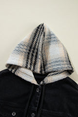 Black Plaid Sleeve Frayed Hem Hooded Denim Jacket Denim Jackets JT's Designer Fashion