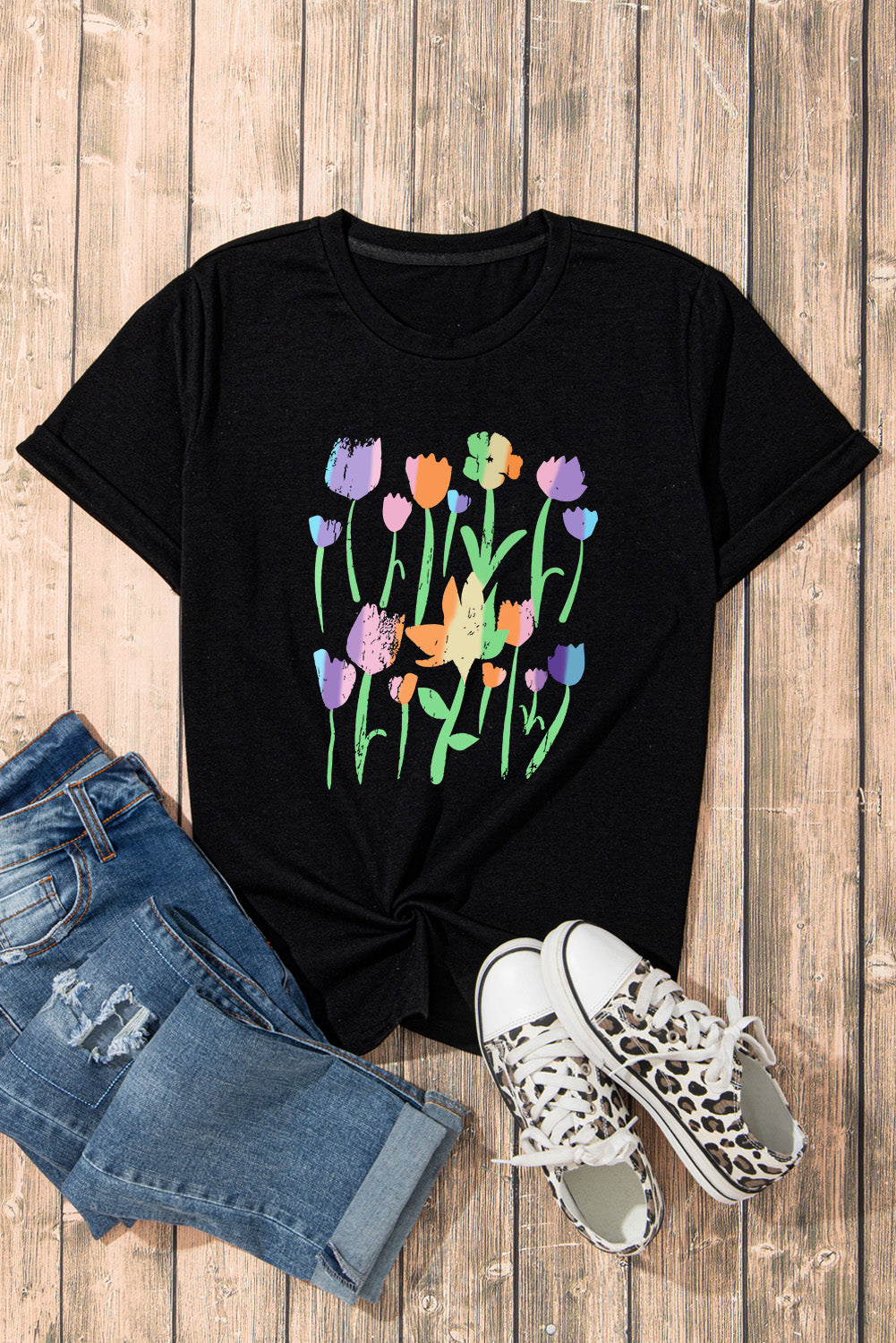 Black Floral Print Crewneck T Shirt Graphic Tees JT's Designer Fashion