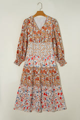 Khaki Floral Print Ruffled Tiered Long Sleeve V Neck Midi Dress Floral Dresses JT's Designer Fashion