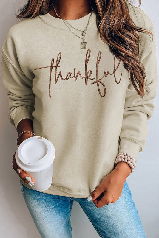 Parchment thankful Embroidered Drop Shoulder Pullover Sweatshirt Parchment 50%Polyester+50%Cotton Graphic Sweatshirts JT's Designer Fashion
