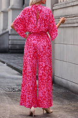 Rose Leopard Loose Sleeve Belted Wide Leg Jumpsuit Bottoms JT's Designer Fashion