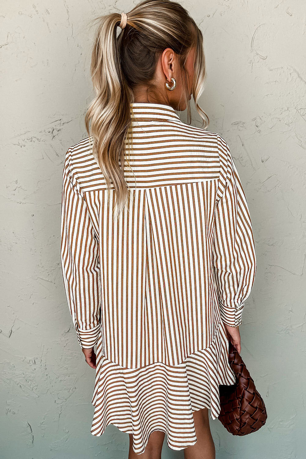Brown Stripe Ruffled Hem Collared Long Sleeve Shirt Mini Dress Mini Dresses JT's Designer Fashion