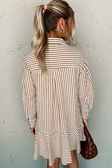 Brown Stripe Ruffled Hem Collared Long Sleeve Shirt Mini Dress Mini Dresses JT's Designer Fashion