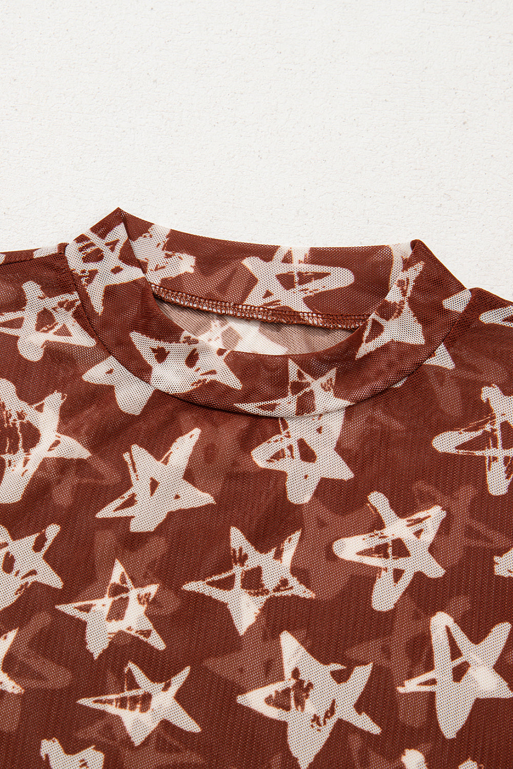 Red Mesh Star Print Mock Neck Sheath Long Sleeve Top Long Sleeve Tops JT's Designer Fashion