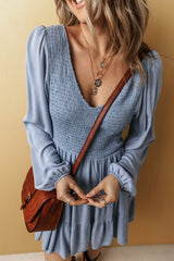 Ashleigh Blue Long Sleeve V Neck Smocked Tiered Mini Dress Mini Dresses JT's Designer Fashion