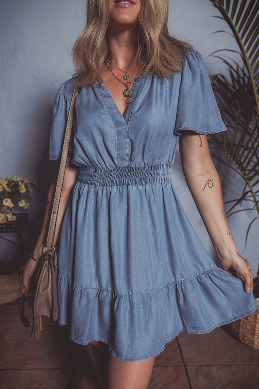 Ashleigh Blue Ruffled V Neck Smocked High Waist Denim Mini Dress Mini Dresses JT's Designer Fashion