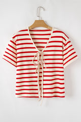 Red Stripe Lace-up Front Top and High Waist Shorts Set Short Sets JT's Designer Fashion