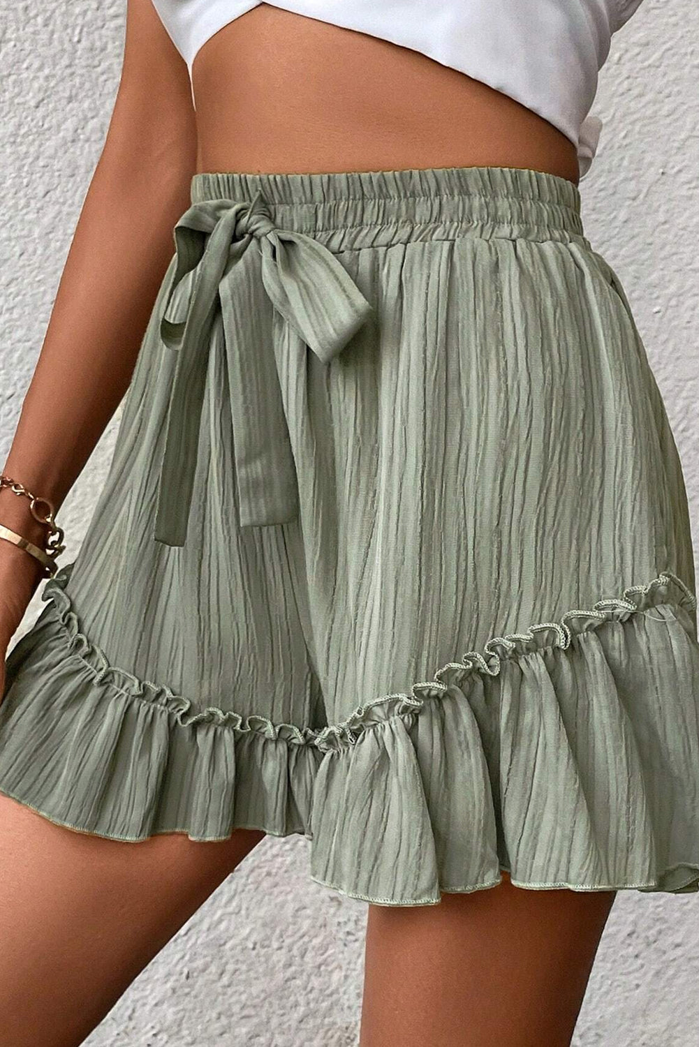 Laurel Green Textured Tie Waist Ruffle Hem Shorts Casual Shorts JT's Designer Fashion