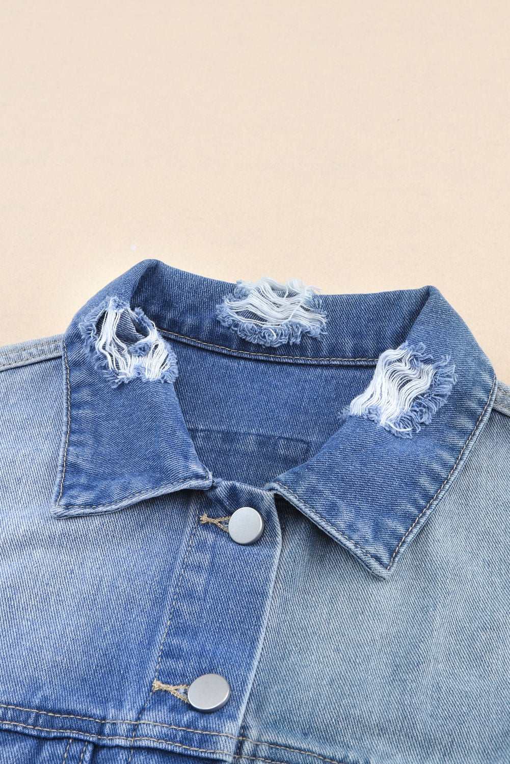 Sky Blue Color Block Denim Patchwork Frayed Hem Jacket Denim Jackets JT's Designer Fashion