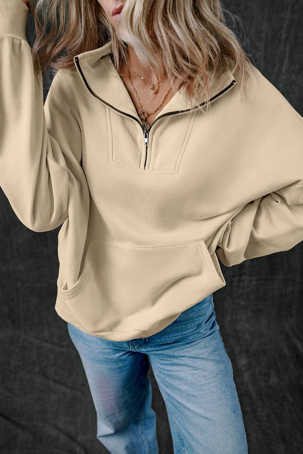 Smoke Gray Zip-up Stand Neck Kangaroo Pocket Sweatshirt Sweatshirts & Hoodies JT's Designer Fashion
