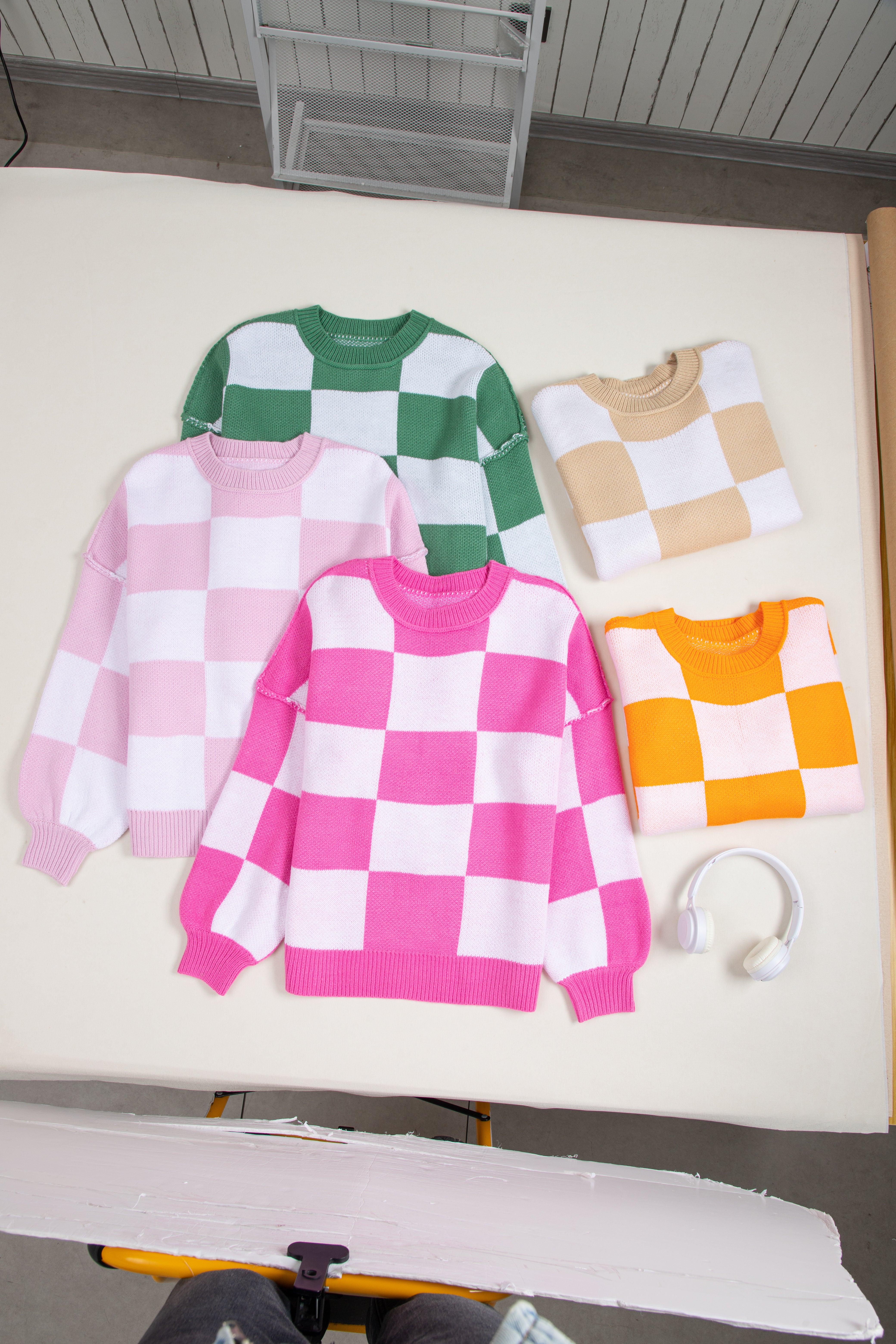 Pink Checkered Bishop Sleeve Sweater Sweaters JT's Designer Fashion
