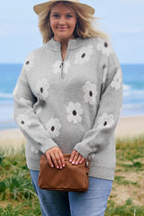Gray Plus Size Embroidered Floral Pattern Half Zip Sweater Plus Size Sweaters & Cardigans JT's Designer Fashion