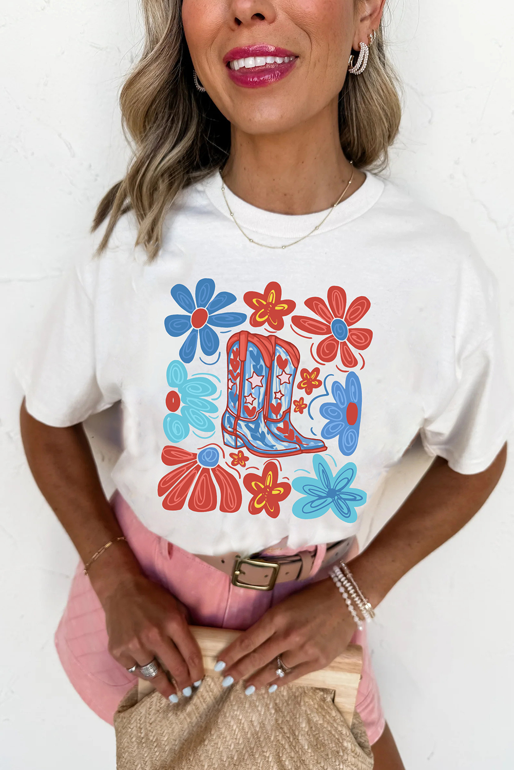 White Floral Cowgirl Boots Print Independence Day T Shirt Graphic Tees JT's Designer Fashion