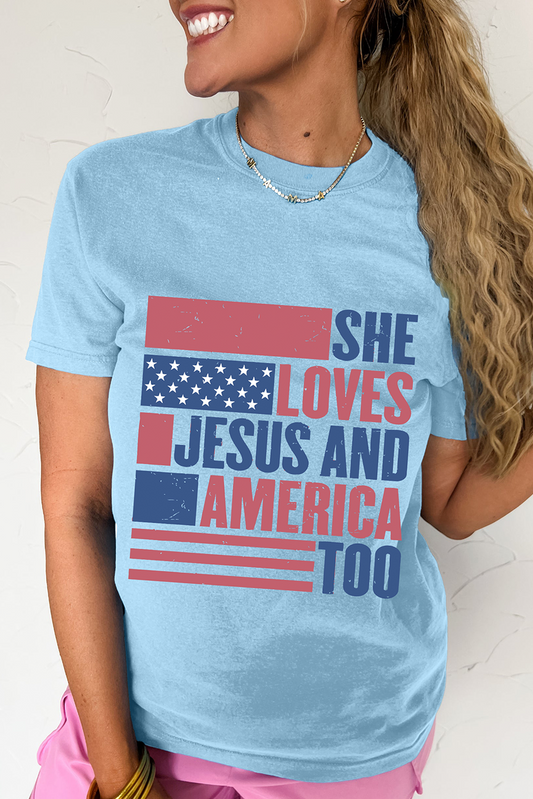 Light Blue SHE LOVES JESUS AND AMERICA TOO Flag Graphic T Shirt Graphic Tees JT's Designer Fashion