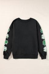 Black Sequin Clover Patched Drop Shoulder Sweatshirt Graphic Sweatshirts JT's Designer Fashion
