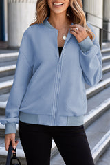Myosotis Solid Textured Stand Neck Zipper Bomber Jacket Jackets JT's Designer Fashion