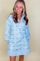 Sky Blue Contrast Striped Trim Floral Shift Fit Fall Dress JT's Designer Fashion
