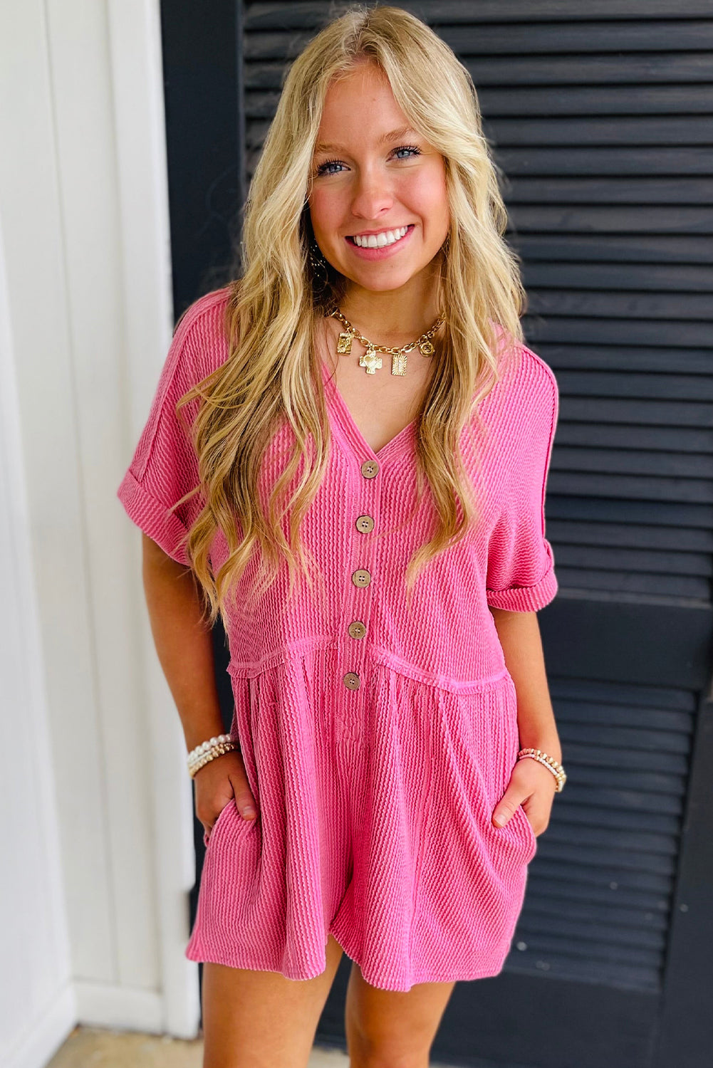 Bright Pink Spiral Ribbed Short Sleeve V Neck Buttoned Romper with Pocket Jumpsuits & Rompers JT's Designer Fashion