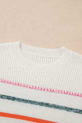White Colorful Striped Ribbed Trim Sweater Sweaters JT's Designer Fashion