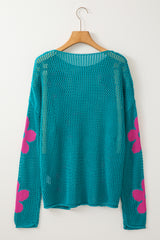 Sea Green Big Flower Hollowed Knit Drop Shoulder Sweater Sweaters JT's Designer Fashion