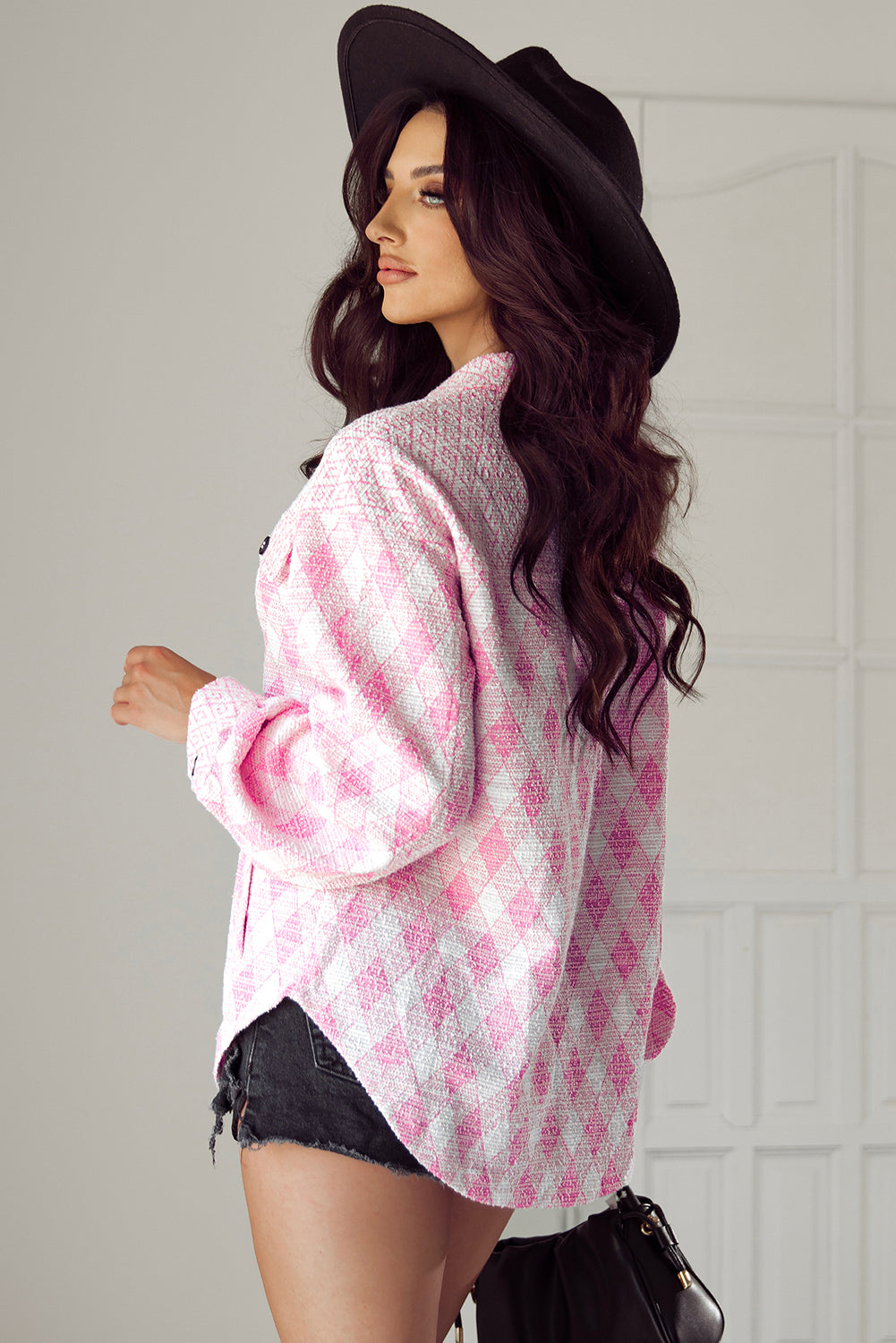 Delicacy Geometric Print Textured Flap Detail Shacket with Pocket Jackets JT's Designer Fashion