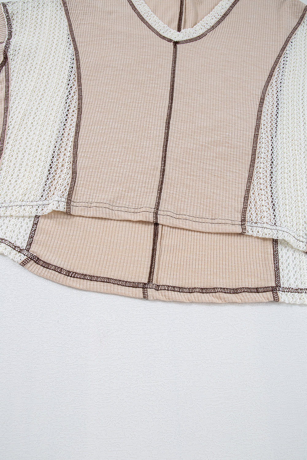 Parchment Crochet Detail Exposed Seam High Low Loose Top Long Sleeve Tops JT's Designer Fashion