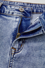 Beau Blue Pearl Studded Pockets Raw Hem Denim Shorts Denim Shorts JT's Designer Fashion