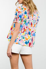 White Abstract Print Shirred Cuff Puff Sleeve Plus Size Blouse Plus Size Blouses & Shirts JT's Designer Fashion