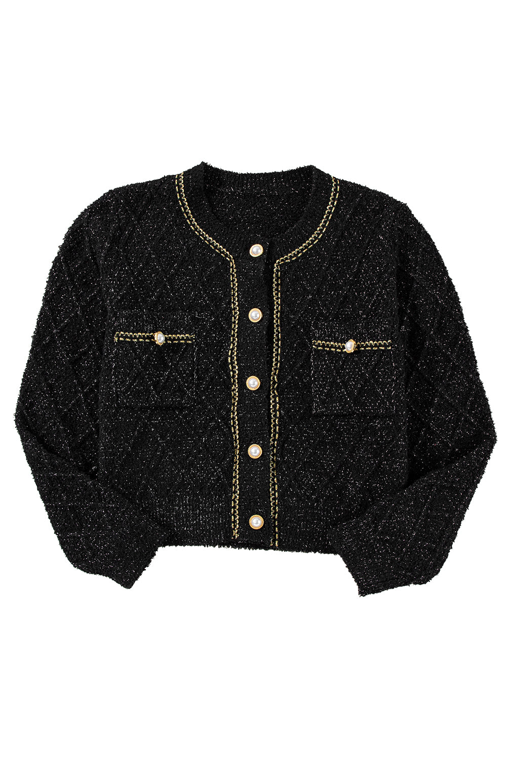 Black Shimmer Flap Pocket Button up Cardigan Cardigans JT's Designer Fashion