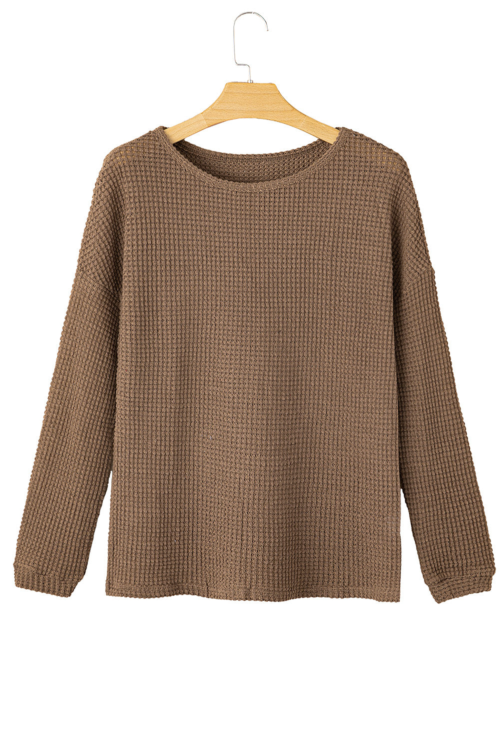 Dark Brown Waffle Knit Drop Shoulder Long Sleeve Top Long Sleeve Tops JT's Designer Fashion