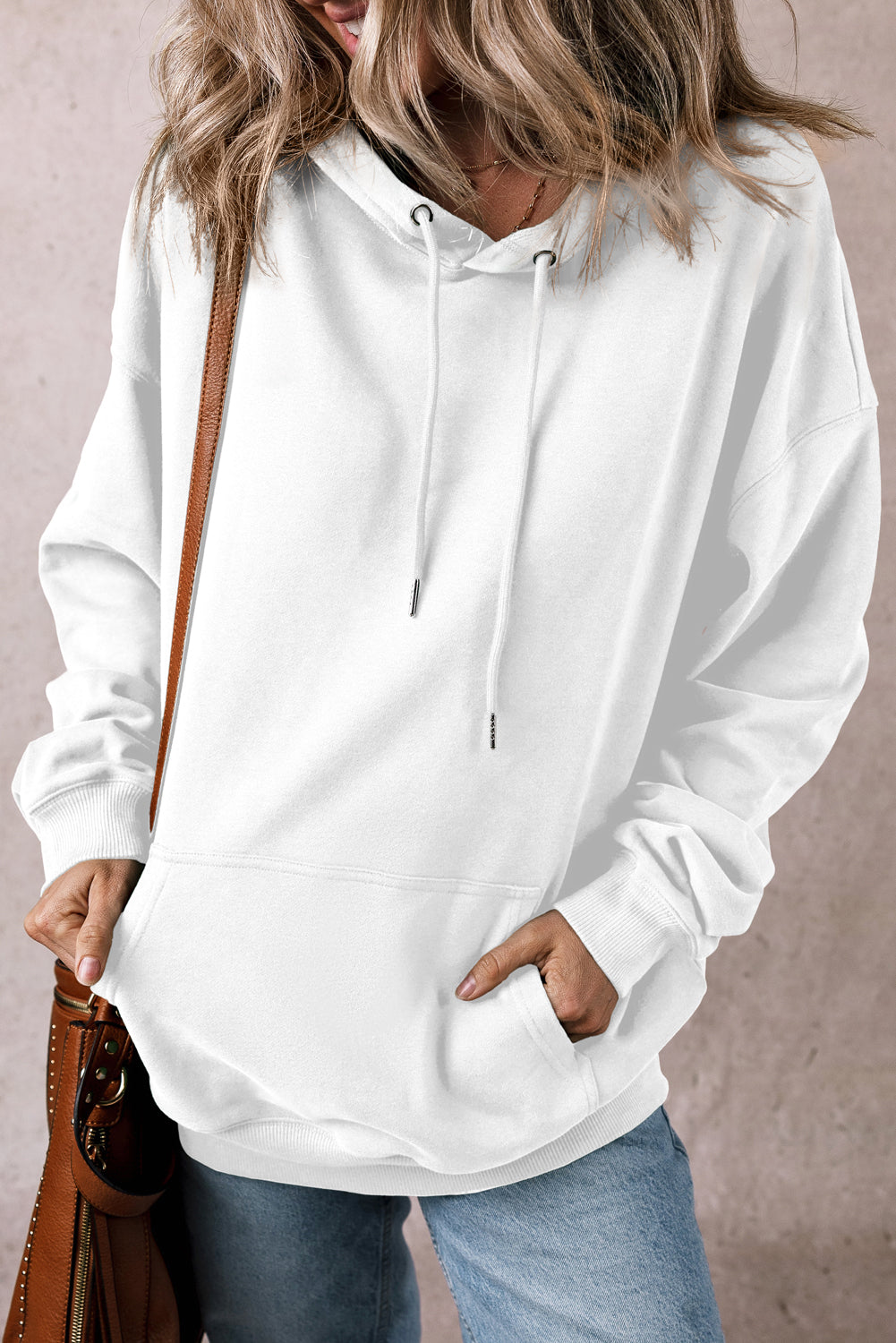 White Fleece Lined Kangaroo Pocket Drawstring Chunky Hoodie Sweatshirts & Hoodies JT's Designer Fashion