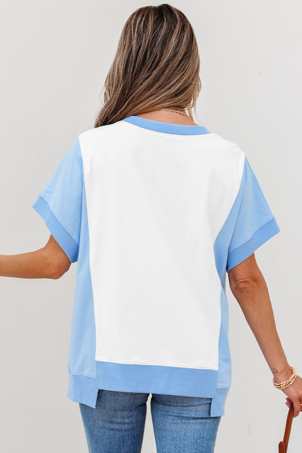 Sky Blue Star Plaid Flower USA Graphic Color Block Crewneck T Shirt Graphic Tees JT's Designer Fashion