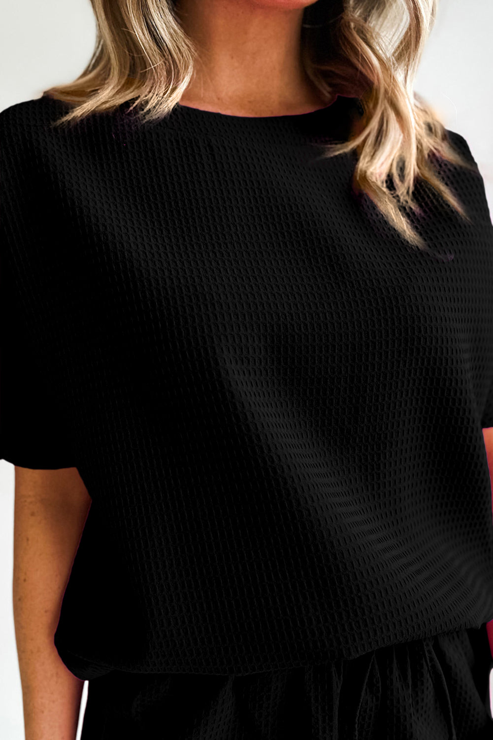 Black Casual Textured Tee and Drawstring Shorts Set Short Sets JT's Designer Fashion