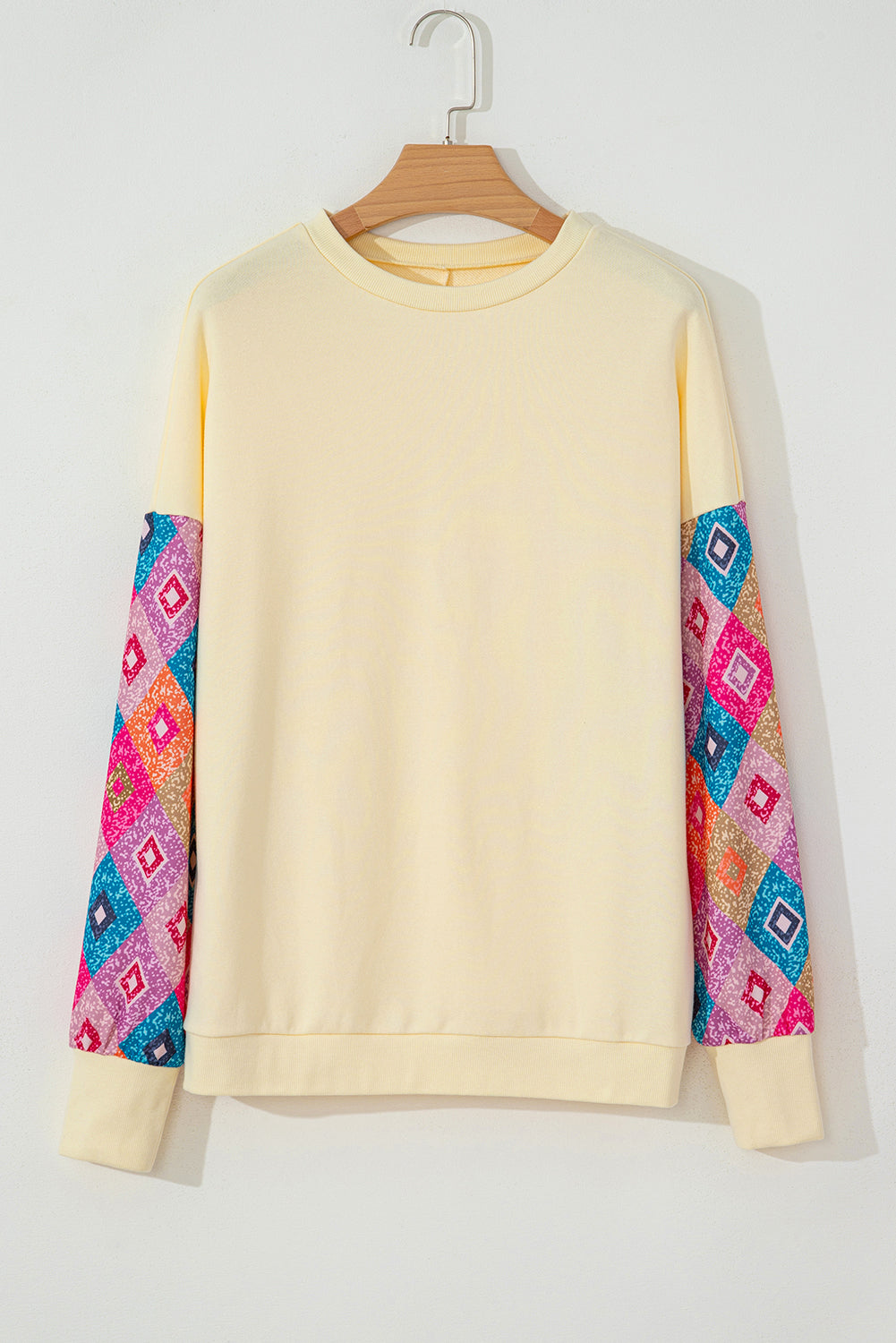 Apricot Geometric Printed Patchwork Long Sleeve Round Neck Top Long Sleeve Tops JT's Designer Fashion