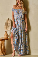 Blue Boho Paisley Print Off Shoulder Maxi Dress Floral Dresses JT's Designer Fashion