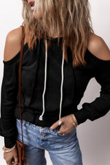 Black Exposed Seam Cold Shoulder Drawstring Hoodie Sweatshirts & Hoodies JT's Designer Fashion